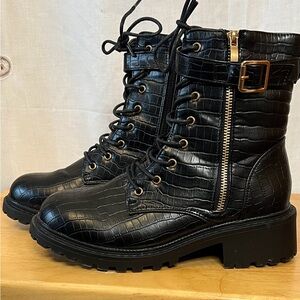 Nicole Miller New York Black Croc-Embossed Zip Up Combat Boots